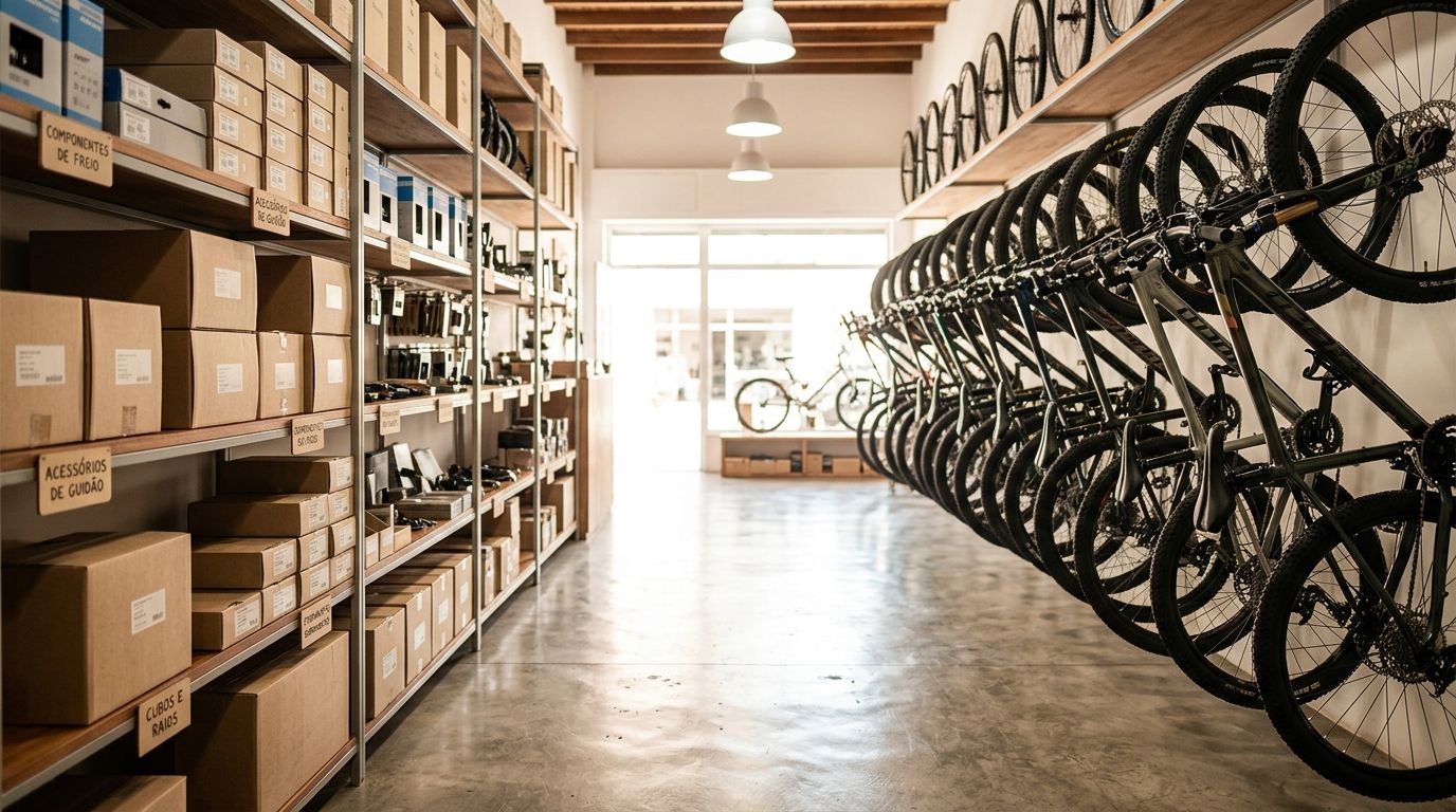 Interior da loja com parede de bicicletas e prateleira de peças