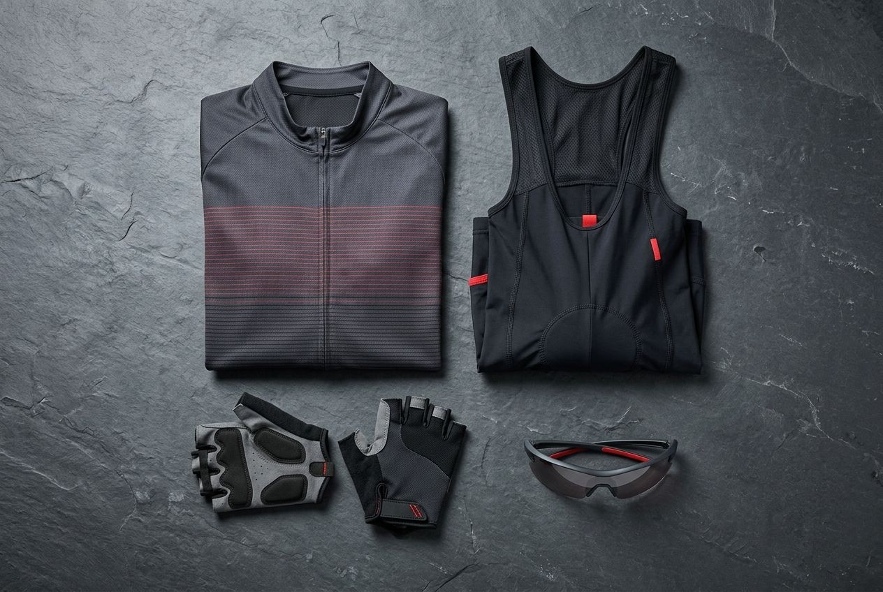 Camisa, bretelle, luva e óculos de ciclismo